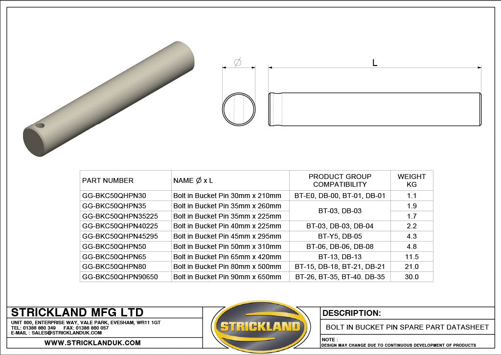 Strickland Bolt in Bucket Pin 30mm x 210mm technical data sheet