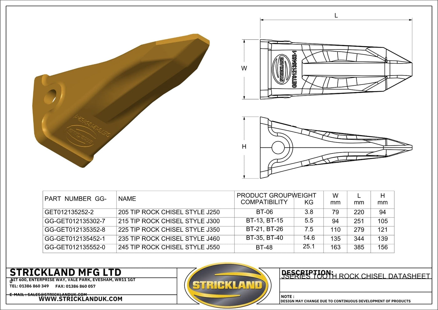 Strickland 235 Tip Rock Style Chisel Style J460 Bucket Teeth technical data sheet
